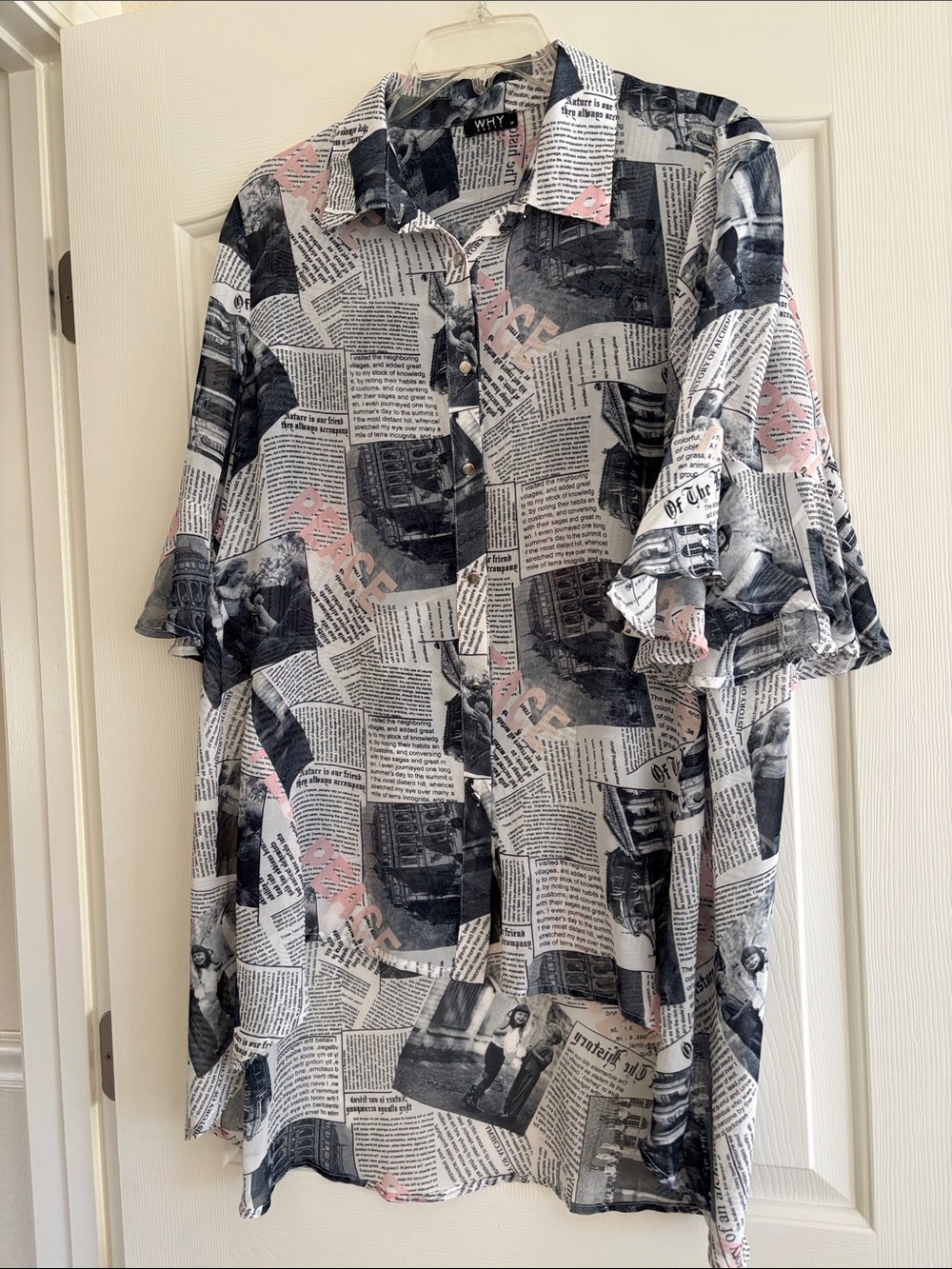 WHTY Newspaper Print Short Sleeve Midi Dress in Black & Pink